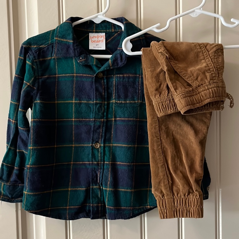 Jumping Beans fall outfit size 2T green plaid button down w/ tan corduroy pants